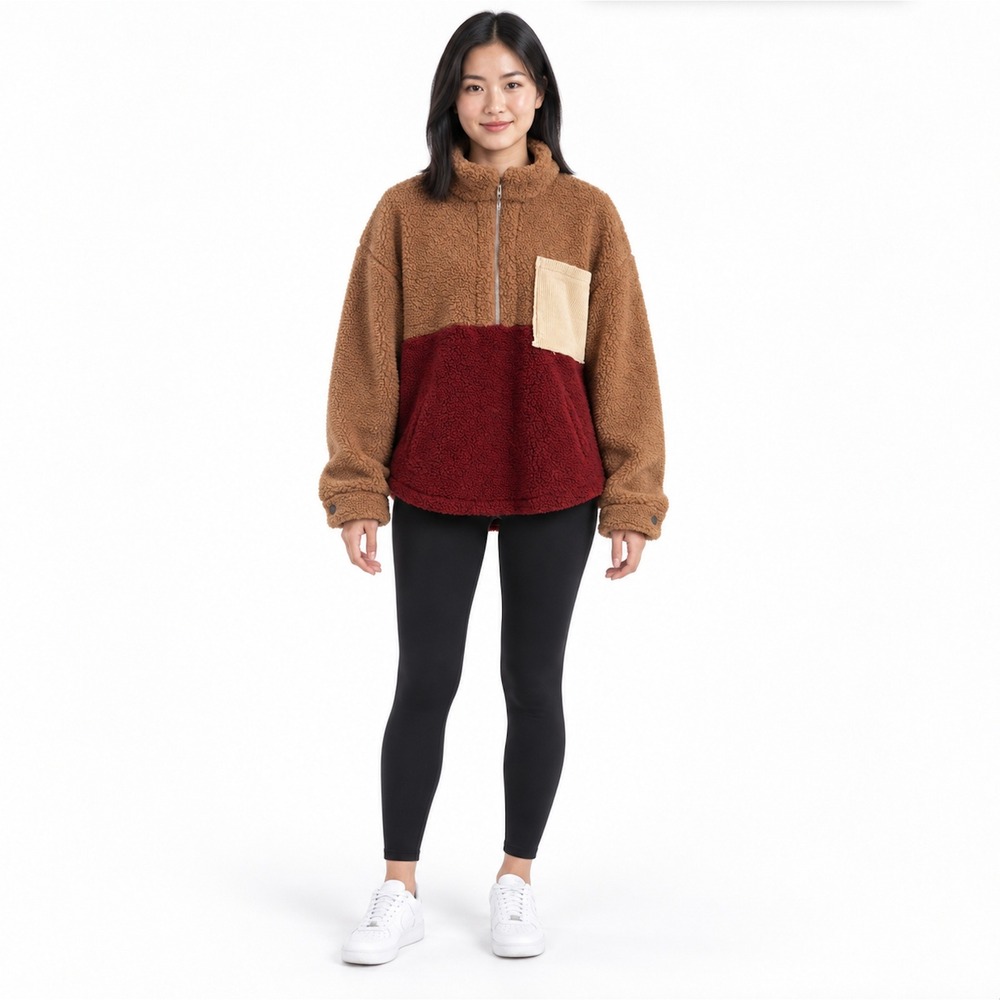 POL Colorblock Sherpa Fleece Quarter Zip Pullover Brown Burgundy SMALL